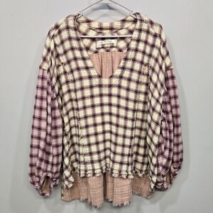 We The Free Solstice Shirt XS Plaid Patchwork Oversized Slouchy Boho Cottagecore